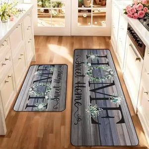 2-Piece Basket Wood Grain Kitchen Rug Set, Washable Non-Slip Low-Height Floor Mats, Ideal for Kitchen Laundry Room Hallway Home Decor