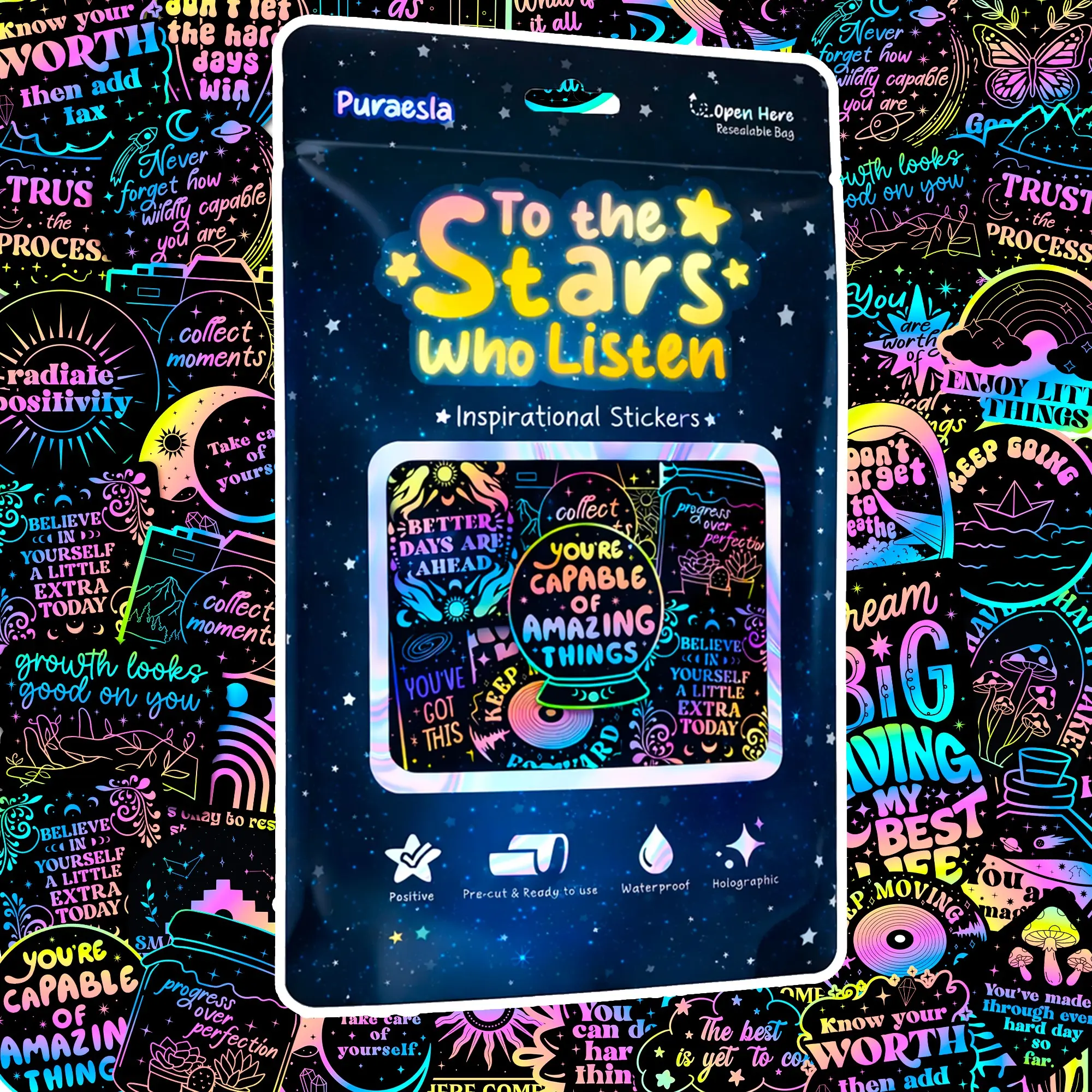 To The Stars Who Listen by Puraesla - Lumina Series- Affirmation Stickers - 100 PCS Holographic Motivational Celestial Inspirational Stickers for Journaling & Decor Laptop, Phone, Water Bottle