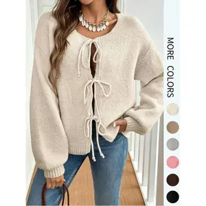 Women's Solid Color Tie Front Drop Shoulder Cardigan, Casual Long Sleeve Knitwear for Fall & Winter, Fashion Women's Knit Clothing for Daily Wear, Tops