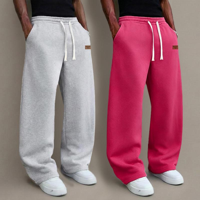 Men's 2-Piece Autumn-Winter Plain Activewear Sportswear Set - Unisex Preppy Wide-Leg Drawstring Pocket Pants, Classic Black + Light Gray Casual Holiday Hip-Hop Sweats, Stylish Personalized Bottoms,clothes for back to school,first day of school outfits