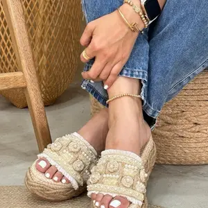 Soantha Elegant Beaded Espadrille Slides with Fringe Detail for Women's Summer Fashion Pearls and Rope Design