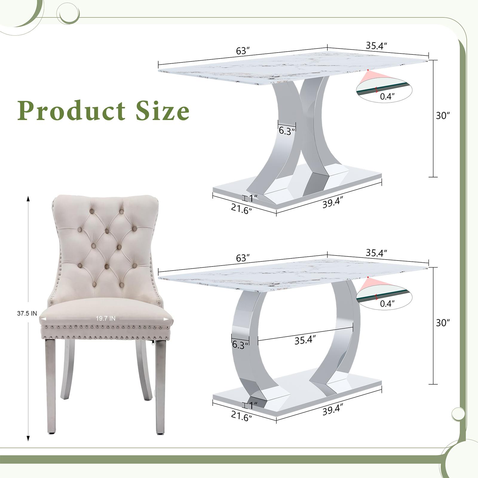 Dining Table Set for 6,Kitchen Table Chairs Set of 6,Rectangular Dining Table,Modern Dining Room Set 63" White Tempered Glass Top with Adjustable Stainless Steel Base,Velvet Dining Chairs,Sliver Stainless Steel Plating Legs,Suitable for Dining Room,Office Dining Table Set for 6,Kitchen Table Chairs Set of 6,Rectangular Dining Table,Modern Dining Room Set 63" White Tempered Glass Top with Adjustable Stainless Steel Base,Velvet Dining Chairs,Sliver Stainless Steel Plating Legs,Suitable for Dining Room,Office