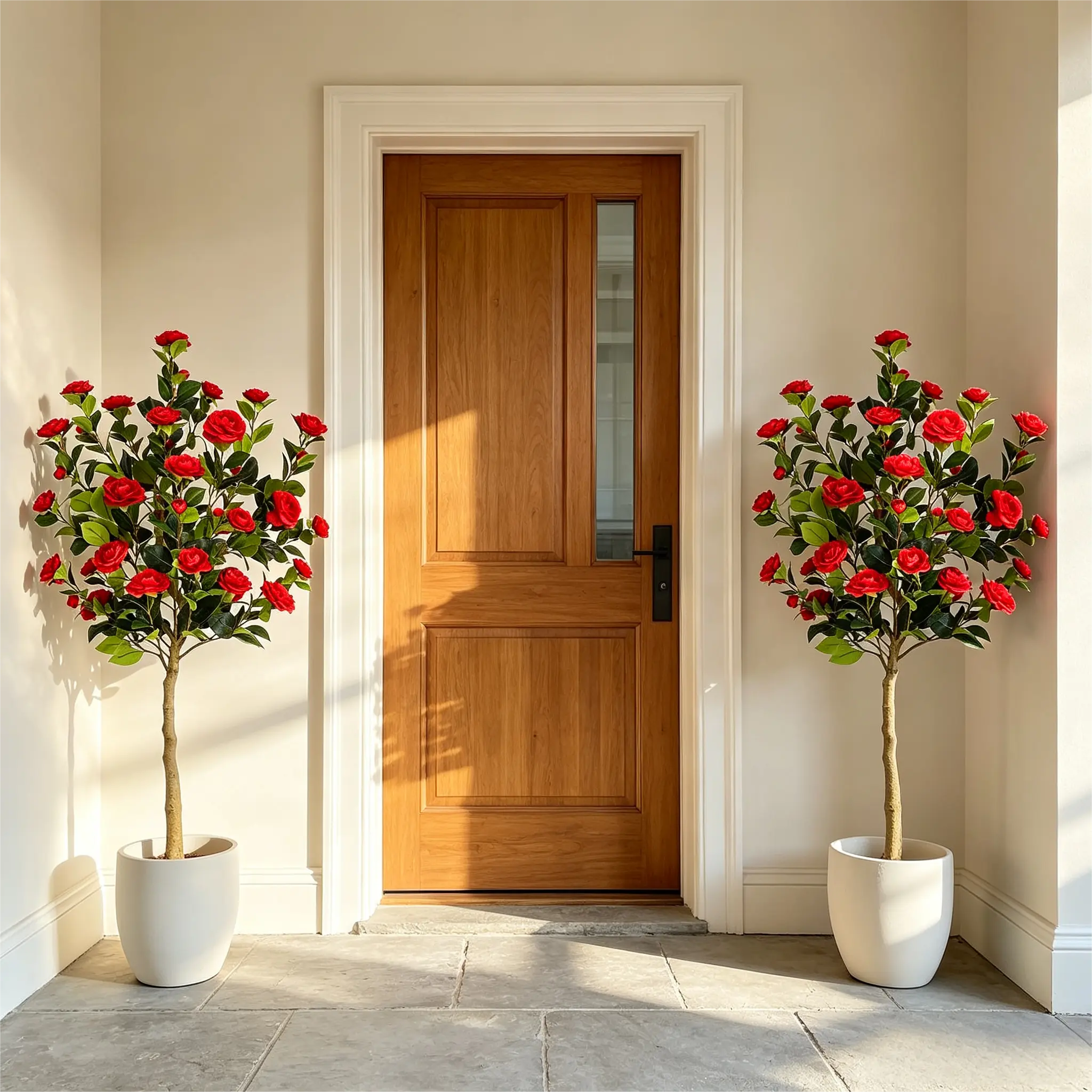 5ft Artificial Camellia Tree with Silk Red Flowers, 60in Faux Camellia Plant with Lifelike Trunk, Fake Flower Tree Potted Front Door Plants for Porch Patio Deck Living Room Decor