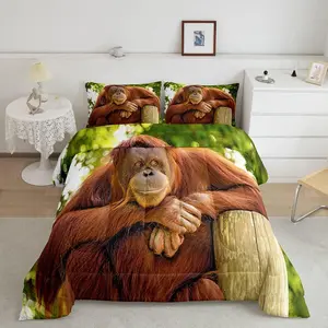 Gorilla Themed Twin-Size Brown Wild Animal Duvet, Luxury Microfiber Soft Decorative Bedding, Machine-Washable Wildlife Monkey Quilt Set, Decorative Bedding Set, Microfiber Bedding Set