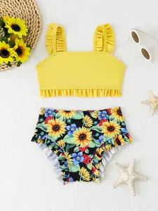 Sunflower Print Bikini Set for Little Girls, Cute Sleeveless Top and Ruffled Hem Pants, Summer Beachwear, Perfect for Pool Parties and Vacations, Thin Straps