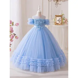 (New)[Pretty Princess Dress] Elegant Soft Pink Long Sleeve Tulle Puffy Princess Dress |       Girls' A-Line Birthday Party & Wedding Flower Girl Dress with Floral Applique Waistband for Ages 3+