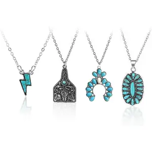 Natural Turquoise Necklace Boho Western Necklaces Jewelry for Women Men Bull Head Cow Tag lightning Bolt Necklace Horseshoe Necklace Hippie Accessories Cross Bar Pendant Necklace 90S Cowgirl Cowboy Jewelry 4 Pieces