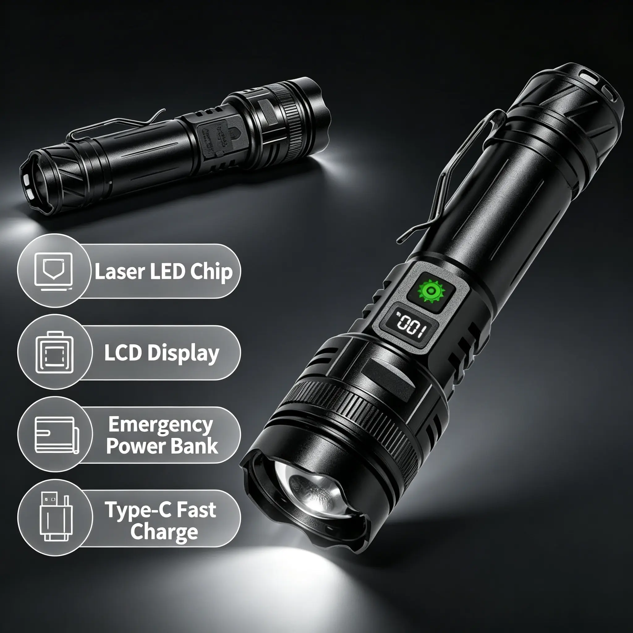 EDC Tactical LED Flashlight, High Lumen Zoomable Rechargeable Torch with LCD Power Display, Rugged Aluminum Alloy, Pocket Clip, Waterproof for Camping, Emergency & Outdoor Hiking