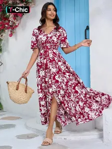 Women's Floral Print Vneck Dress, Boho Bohemian Fashion Casual Chic Dress for Beach Holiday Vacation, Ladies Dress for Summer