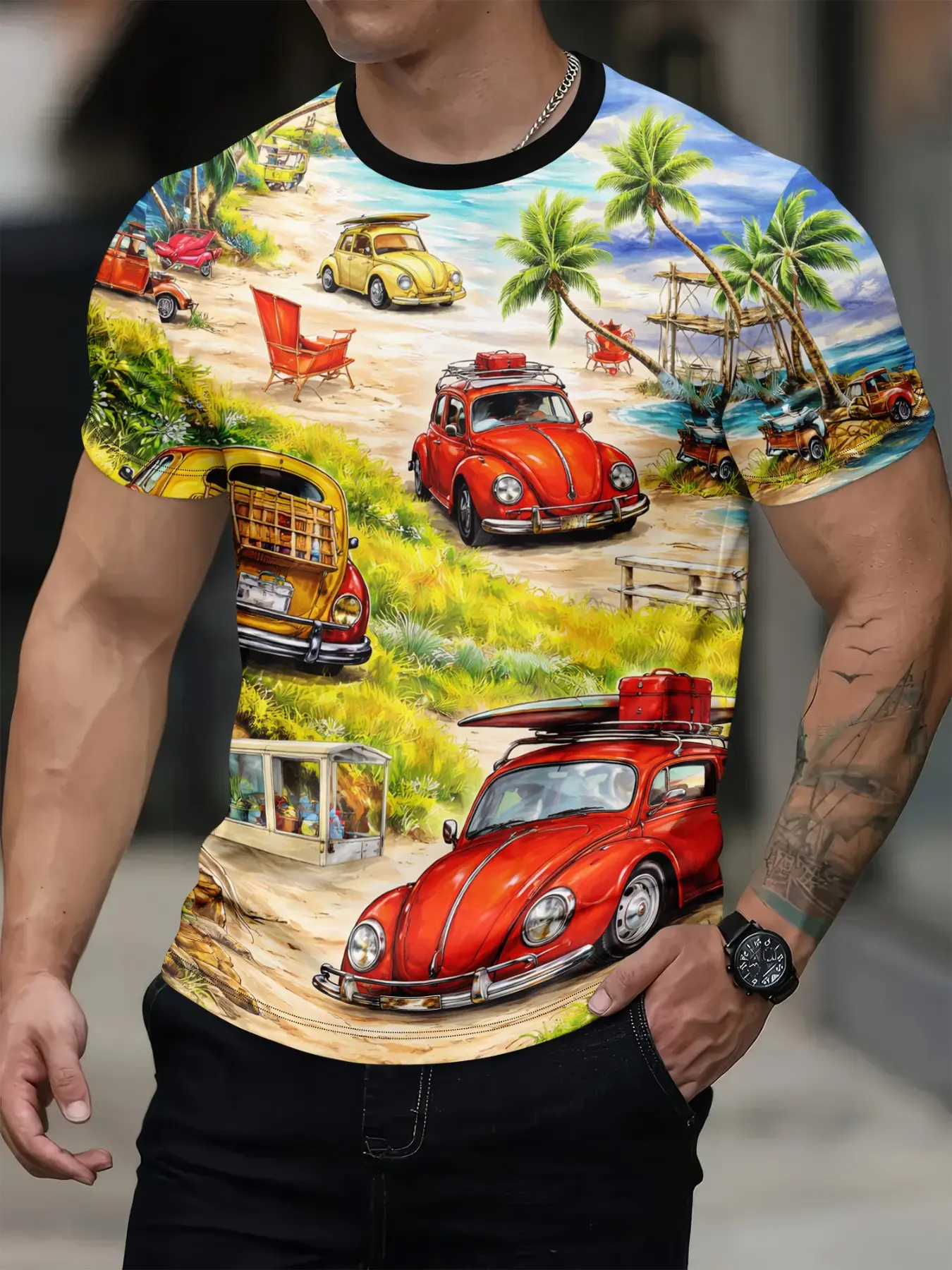 Vintage Volkswagen Beetle Beach Scene Print T-Shirt, Casual Fitted Long Sleeve Top, Retro Vacation Wear, Unisex Fashion Tee, Casual Graphic Tee, Tropical, Classic