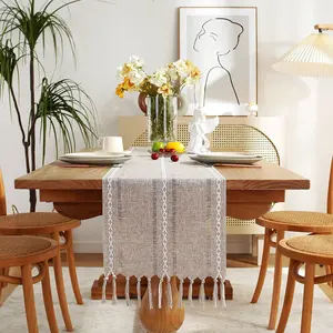 Fall Rustic Farmhouse Style Table Runner, Boho Tassel Table 72 Inches Long for Party, Thanksgiving and Dining Decorations, 13 x 72 inch - Light Coffee