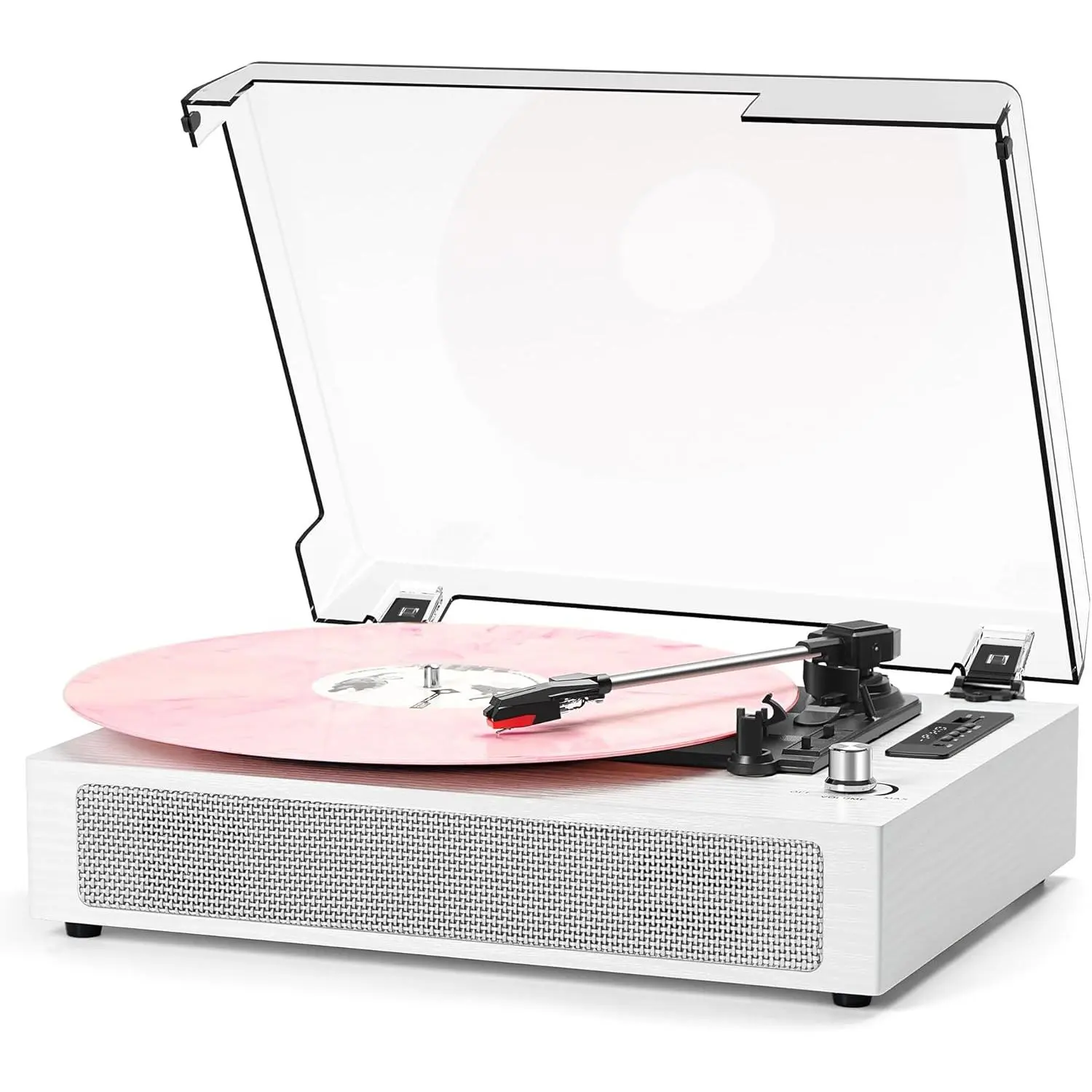 White Belt-Driven 3-Speed Turntable Vinyl Record Player with Built-in Speaker, USB Recording, EQ Mode Support, AUX-In/Out, Auto-Stop Function, Digital Display, Removable Dust Cover, Vinyl Records, Belt-Driven Turntable