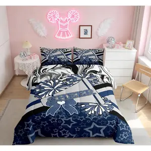 Cheerleading Comforter Set,Blue Glitter for Girls Blue Bow Bedding Set,Dance Cheer Cheerleader Quilted Duvet for Kids Teens Girls,Gymnastics Lovers Duvet Insert