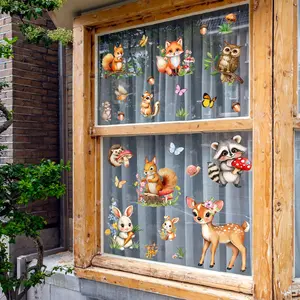 A (30*60cm) window sticker featuring a squirrel, fox, hedgehog and fawn, which is double-sided visible, static cling, a glass sticker for beautifying festival homes, living room windows, and decorating windows and shop windows, Decorative Stickers, D16550