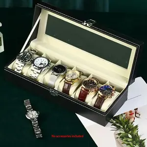 6-Slot Black Faux Leather Men's Watch Storage Box with Cream Interior - Travel Organizer Tray, Watch Display Case and Stand, Secured Watches - Holiday Gift for Watch Enthusiasts, Travel Accessories Organizer, Display Cabinet, Secure Watch Slot