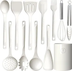 Cooking Utensils Set - 600F Heat Resistant, Nonstick Kitchen Utensil Set with Spatulas, Spoons, Whisk, Tongs, , Dishwasher Safe, Cream White