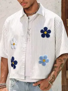 Men's Cropped Striped Short Sleeve Shirt, Flower Embroidered Collared Button-Down Blouse, Casual Streetwear Summer Outfit