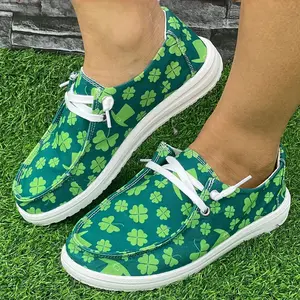 Women's Blackish Green Clover Print Criss Cross Slip On Canvas Shoes Footwear Slipon Comfort