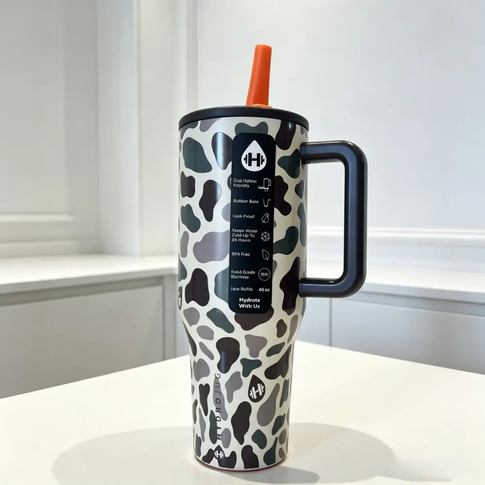 HydroJug 40oz Stainless Steel Insulated Flask - Stylish Portable Water Bottle with Cow & Leopard Design, Handle, Flip-Top Straw, Non-Slip Bottom, Car Cup Holder-Fit for Commuting, Outdoor Activities
