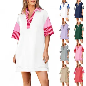 Fessceruna Women's Polo V Neck T Shirt Dress Casual Summer Oversized Color Block Short Sleeve Sweatshirt Mini Dresses