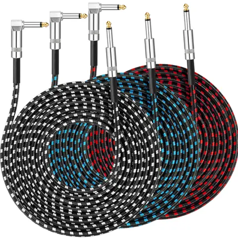 Tomorotec 3-Pack 10ft 1/4in Braided Copper Instrument Cables - Sturdy Braided Construction, Durable PE Build, Tangle-Free Tweed Jacket, Flexible Weave, Easy Routing, Smooth Signal Flow for Electric/Bass Guitar (Live Performances Guitar Gear Accessory)