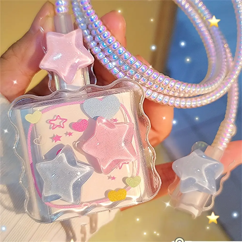 1pc 3D Glitter Star Charger Protector Set, Y2K Coquette Pastel Aesthetic Cable Saver for iPhone 20W USB-C Charger，Kawaii Pastel Star Charger Cover，Cute Pastel Glitter Star Cable Protector, Trendy Y2K Tech Accessories for Teen Girls