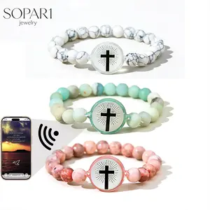 3Pcs / Set NFC Daily Bible Cross with Stone Bead Couple Bracelet,Gospel Religious Jewelry for Birthday / Christmas / New Year / Valentine's Day Love Gift