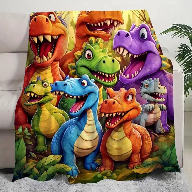 [2D! 2D! No 3D blanket] Soft Funny Throw Blanket Cute Smiling Dinosaurs 2D Print Flannel,Contemporary Animal Theme All-Season Cozy Knitted Thermo-Regulating Cover,Lightweight Fabric,Perfect For Napping,Christmas Present