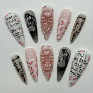 Gothic Romance Press-On Nails, 3D Ribcage Heart & Rose, Pink Floral Pastel Accents,  Handmade Nail Set, Halloween Vibes, Gift For Her