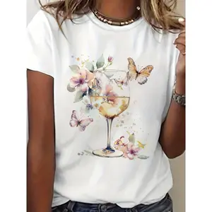 Women's Wine & Butterfly Floral Print T-Shirt - Short Sleeve Crew Neck Blouse, Summer Spring  Top with Wine Theme Aesthetic, Medium-Stretch Comfortable  Attire & Wine Tasting Outfits casual holiday unisex outdoor fashion streetwear regular fit concert