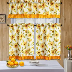 Kitchen Curtains Tiers & Valance Set 3pcs, Sunflower Print Short Semi Sheer with Orange Ruffle Trim, Light Filtering Drapes for Bathroom/Kitchen Foldable Colorful Room Divider living Leaf Transparent