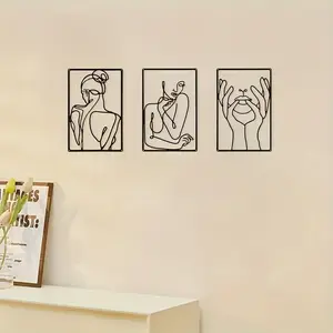 A set of 3 classical style abstract female silhouette murals, metal line painted sculptures, modern wall decorations, elegant body silhouette posters, black, suitable for living rooms and bedrooms.