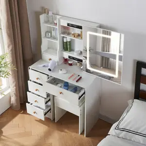 Small Bedroom Vanity Desk Stool Set with Makeup Mirror and Dimmable LED Strip 3 Lighting Modes Brightnes Adjustable