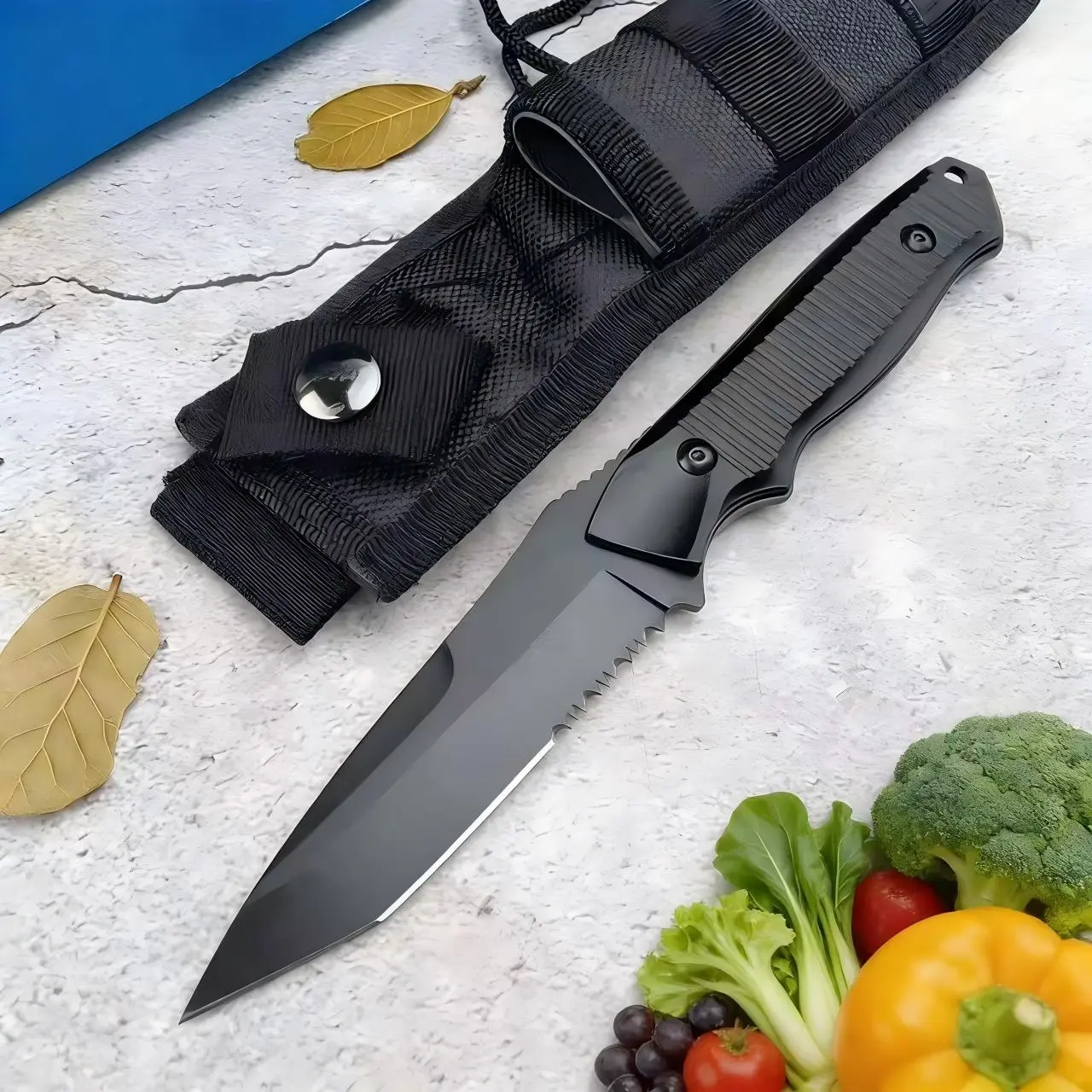 140BK Professional Fixed Steel Blade Knife (225mm, 4 mm, 163g, 58-59 HRC Hard, Black Oxide Surface) with Tactical Nylon Sleeve & Tactical Equipment, Black Sand Finish for Kitchen, Outdoor Camping Use