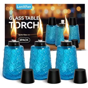 3 Pack Glass Outside Table Top Citronella Oil Torch Replacement Fuel Canisters with Wicks and Caps Lantern Torches for Yard Patio Garden Party Decor