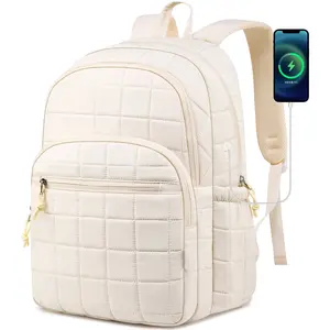 Cream White Grid Quilted Laptop Backpack for Women, 15.6 Inch Large Capacity Puffer Backpack with USB Charging Port, Water Resistant Cute School Backpack for Teens, College Students, Daily Commute, Travel & Office