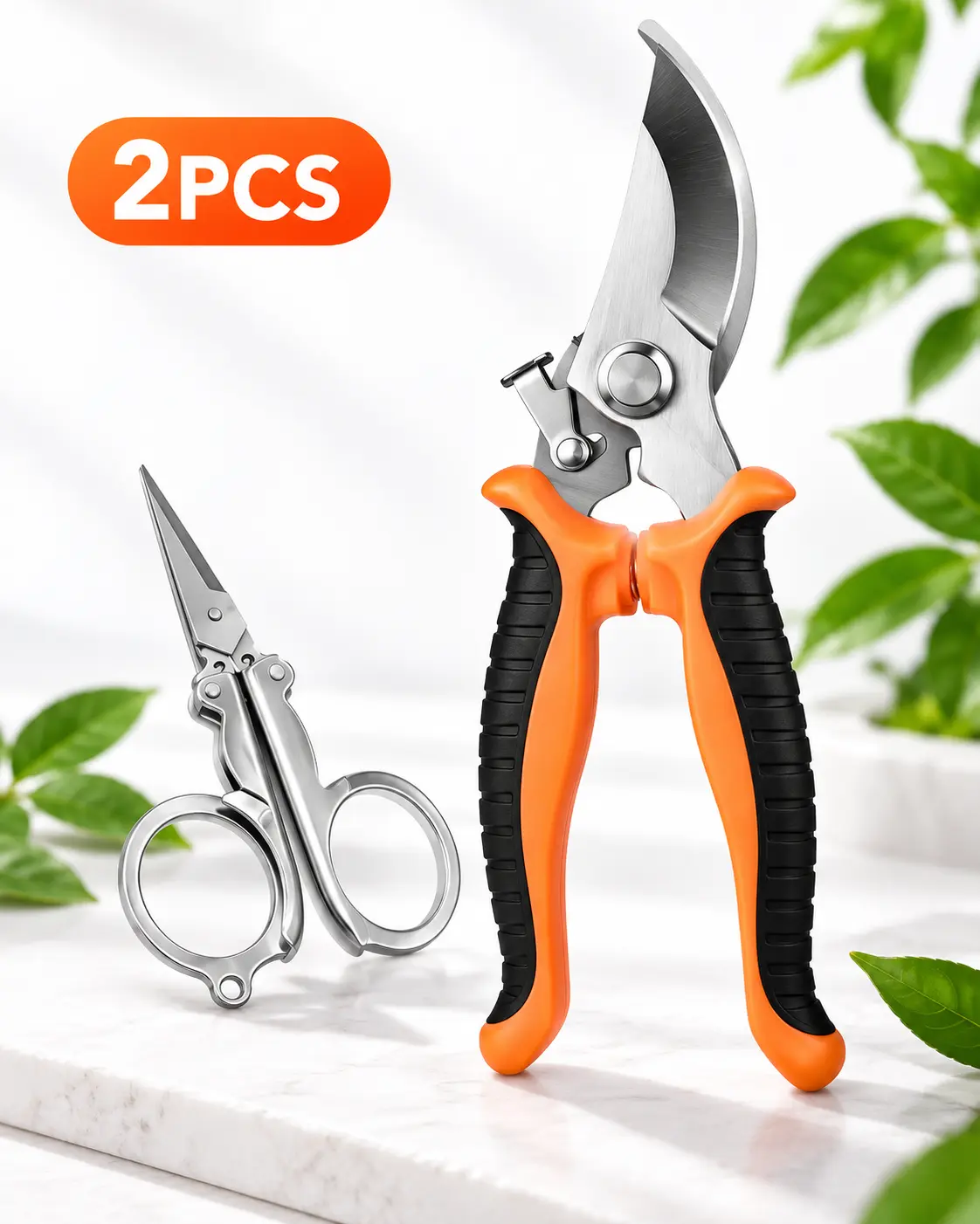 2PCS Garden Tool Set, Pruning Shears & Precision Scissors, Sharp Plant Trimmer with Ergonomic Non-Slip Handle, Gardening Clippers for Flowers, Shrubs, Branches & Home Garden