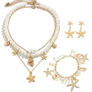 3PCS Mermaid Accessories Women Seashell Starfish Jewelry Set,Gold Seashell Starfish Necklace Bracelets Earrings