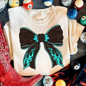 Edgy Leopard Blue Flame Bow shirt, vintage western clothing, crewneck sweatshirt western tops graphic tees, western outfits women, women's graphic tees clothes, cowgirl outfits stuff, country girl western concert outfits, western women’s clothes