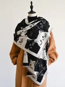 Women's Elegant Cat Print Scarf, Soft Warm Woven Fabric, Fitted Style for Fall & Winter, Fashionable Multifunctional Accessory, Unique Print