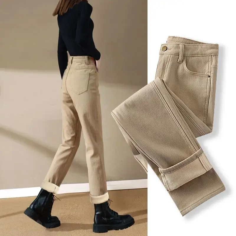 Spring Winter New Plus Velvet Women Jeans Button High Waist Solid Pants Pockets Thicken Fashion Casual Straight Trousers 2022