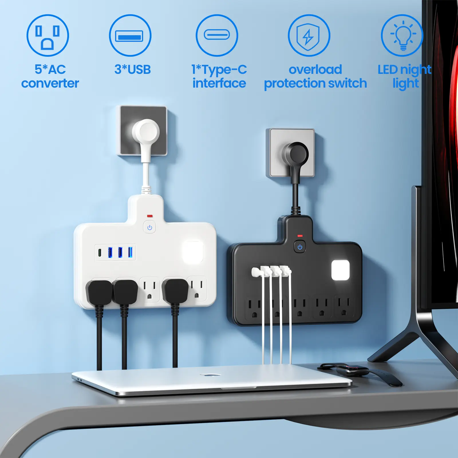 KAXOE 10-in-1 Compact Desk-Mounted Power Strip Socket - 10A Power, 110v-130v Charging Hub, Adjustable Desk Lamp, Surge Protection, 1 LED Night Light, 5 Outlets, 3 USB-A Ports, 1 Type-C Port, for Home, Office Use