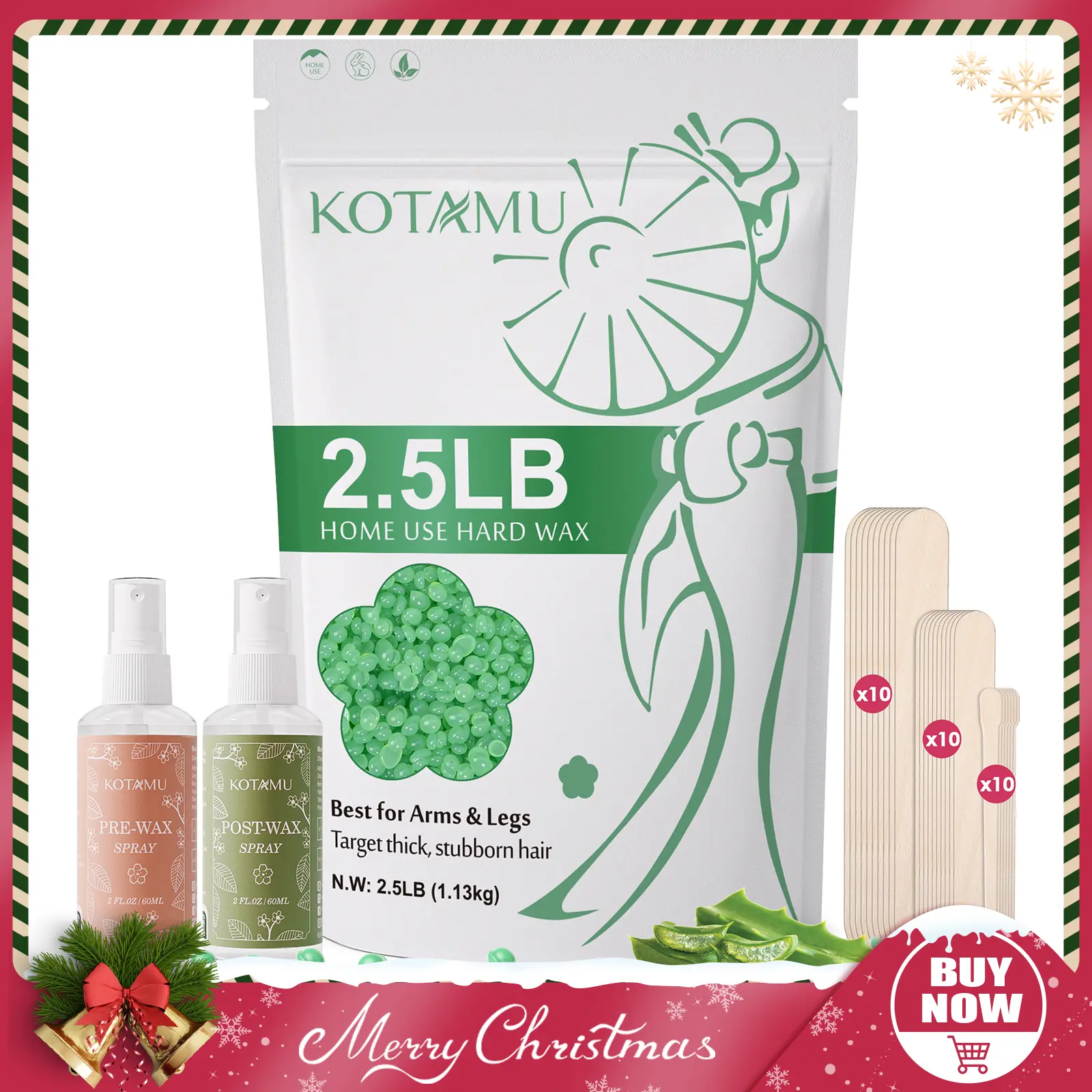KOTAMU Waxing Beads for Women & Men 2.5lb Hard Wax Beads for Hair Removal, Aloe Vera Wax Beans Bulk with 30 Wax Sticks Suitable for Sensitive Skin