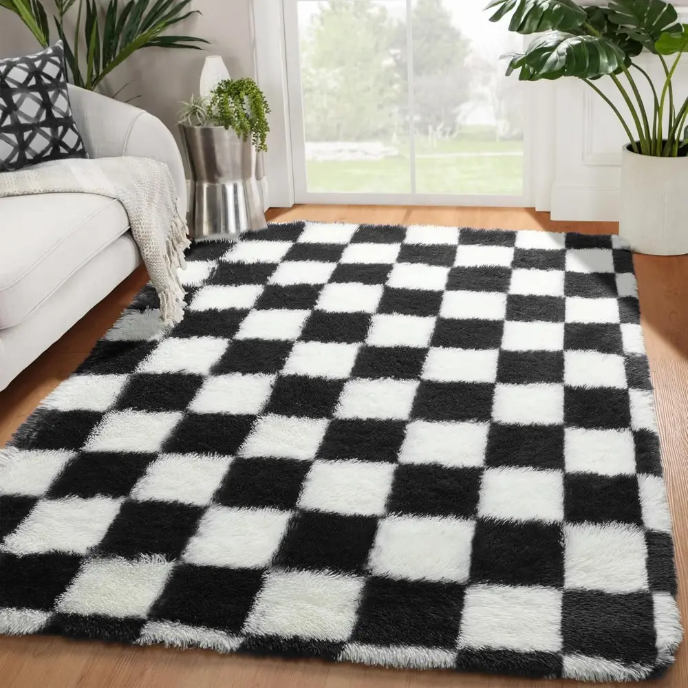 Area Rugs For Bedroom, Living Room, 4x6 Black and White Fluffy Soft Checkered Rug Fuzzy Shag Shaggy Carpet, Indoor Plush Floor Rugs For Kids, Boys, Girls, Teen, Dorm, Nursery, Home Decor Aesthetic