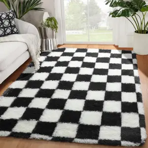 Area Rugs For Bedroom, Living Room, 4x6 Black and White Fluffy Soft Checkered Rug Fuzzy Shag Shaggy Carpet, Indoor Plush Floor Rugs For Kids, Boys, Girls, Teen, Dorm, Nursery, Home Decor Aesthetic