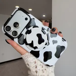 Woner for iPhone 17 16 15 14 13 Pro Max Phone Case With Holder Cow Print Magnetic Black White For Women 16 Plus Protective Cover with MagSafe Compatibility Stylish & Secure Fit
