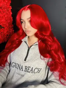 Bright Red 13x4 Lace Front Wig Body Wave Synthetic Wig Pre Plucked Natural Hairline Heat-Resistant Fiber Free Parting Red Concert Look Music Festival Look Lace Frontal Wigs for Women Parties Cosplay Stage 28 Inches