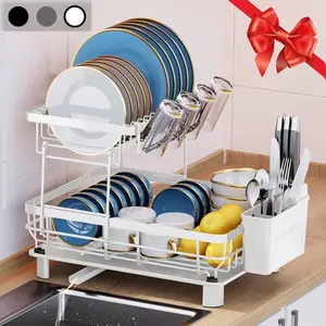 Dish Drying Rack - 2-Tier Auto Draining Metal & Rubber Durable Kitchen Counter Organizer with Retractable Drainboard & Utensil Holder for Family Use