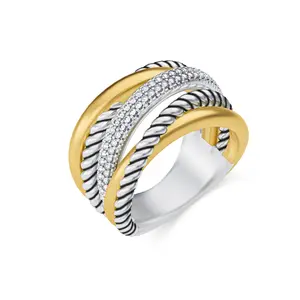 Mytys Statement Rings for Women Silver and Gold Ring Vintage Designer Twist Cable Ring Gold Plated Mixed Metal Ring Fashion Jewelry with Onyx Marcasite & Crystal