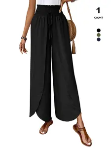 2026 Spring Summer Women's Wide-Leg Split Skort Bottom - Multi-Color Options, Ruffled High Waist with Drawstring, Textured & Drapey Fabric, Casual Vacation Style Versatile Pants